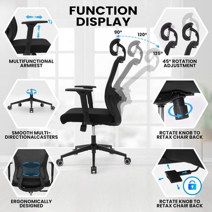 Ergonomic Office Mesh Chair, High Back Swivel Comfty Desk Chairs- 3D Armrest Adjustable Lumbar Support Capacity 400lbs and Headrest Wide for Home & Office, Bedroom (Black)