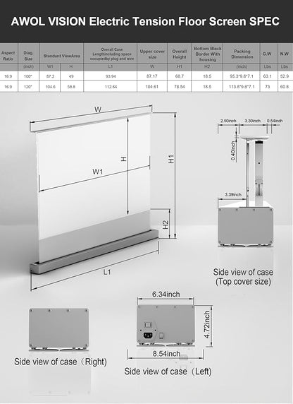 AWOL VISION 100" Motorized Rising Matte White Projector Screen for Long Short Ultra Short Throw Projector, Floor Stand Indoor Outdoor Theater Screen, 170°+ Viewable 4K/8K Ultra HD MW-F210