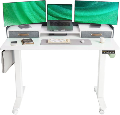 YDN Standing Desk with Drawers, 55 Inch Standing Desk Adjustable Height, Adjustable Electric Stand Up Sit Stand Small Desks with Storage and Shelf, White