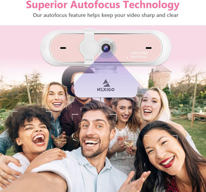 NexiGo N660P 1080P 60FPS Webcam with Software Control, Dual Microphone & Cover, Autofocus, HD USB Computer Web Camera, for OBS/Zoom/Skype/FaceTime/Teams/Twitch, Pink
