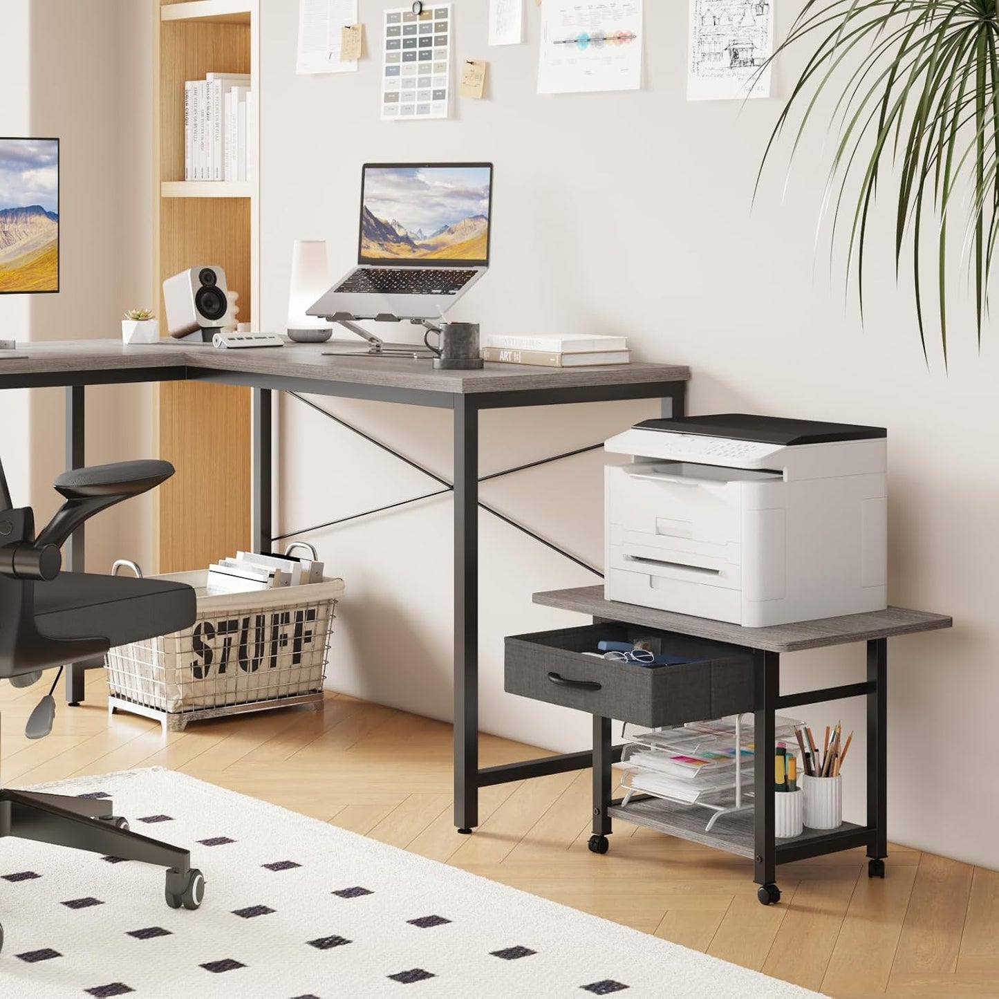 22"x15" Large Printer Stand with Storage Drawer, 2-Tier Under Desk Printer Table for Home Office, Printer Cart fit Fax Machine/3D Printer/Scanner(Gray)