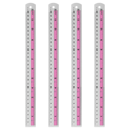 HARFINGTON 4pcs Metal Straight Ruler 30cm Metric SAE Aluminum Alloy Measuring Rulers Scale Tools with Hole for Measure Study Reading Classroom Office, Pink