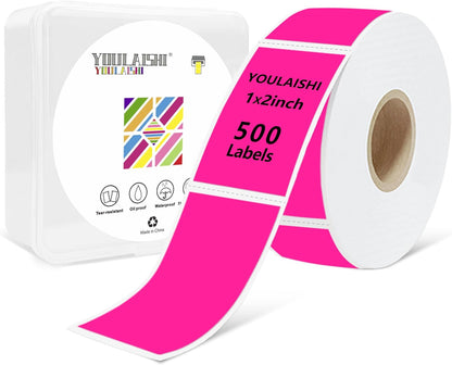 1X2 inch Label Stickers Roll for Thermal Printer 500PCS Colored Removable Freezer Labels Waterproof Blank Sticker Labels to Write on for Food Containers and Jars, Fluorescent Pink