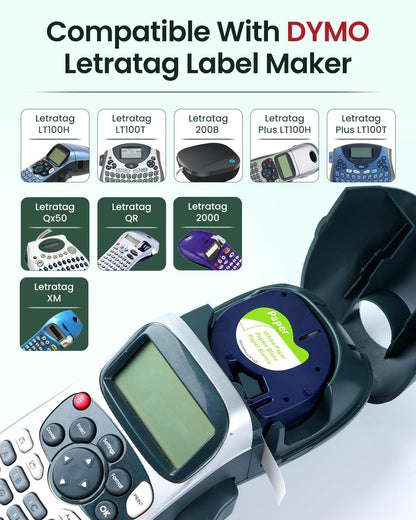 6-Pack 91330 Compatible with Dymo LetraTag Label Tape Refills, 12mm x 4m (1/2" x 13') White Paper Compatible with Letra Tag Label Makers LT-100H, LT-100T, Easy-Peel, Strong Adhesive, Clear Printing