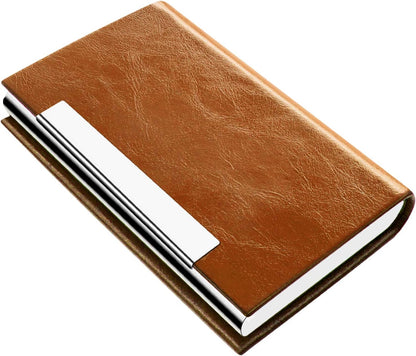 Padike Business Card Holder, Business Card Case Professional PU Leather & Stainless Steel Multi Card Case,Business Card Holder Wallet Credit Card ID Case/Holder for Men & Women. (V-Brown)