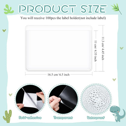 Jeyiour 100 Pcs Label Holders Adhesive Nameplate Pockets Storage Bin Labels Index Card Holder Shelf Plastic Peel Stick for Classroom Supermarket Bookshelf Library Student Box Drawer (4.3 x 6.5 Inch)
