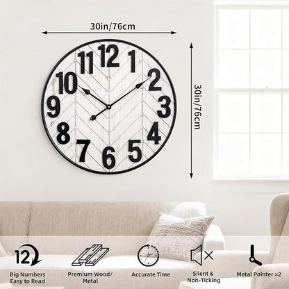 30 Inch Large Wall Clock, Oversized Wood Farmhouse Wall Clock with Metal Frame, Battery Operated Non-Ticking Silent Wall Clocks for Living Room, Kitchen, Bedroom Decor (Whitewashed)