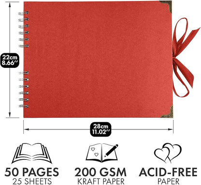 Bstorify Square Scrapbook Photo Albums 50 Pages (11 x 8.5 Inch) Red Thick Paper, Hardcover, Ribbon Closure - Ideal for Your Scrapbooking Albums, Art & Craft Projects (Red, 11 x 8.5 Inch)