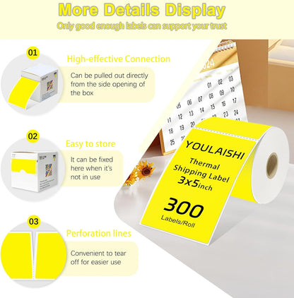 300per Roll 3 X 5 Inch Printable Rectangle Color Coding Labels, Adhesive Color Coding Stickers for Bar-Codes, Address, Small Business Labeling, Inventory, Yellow