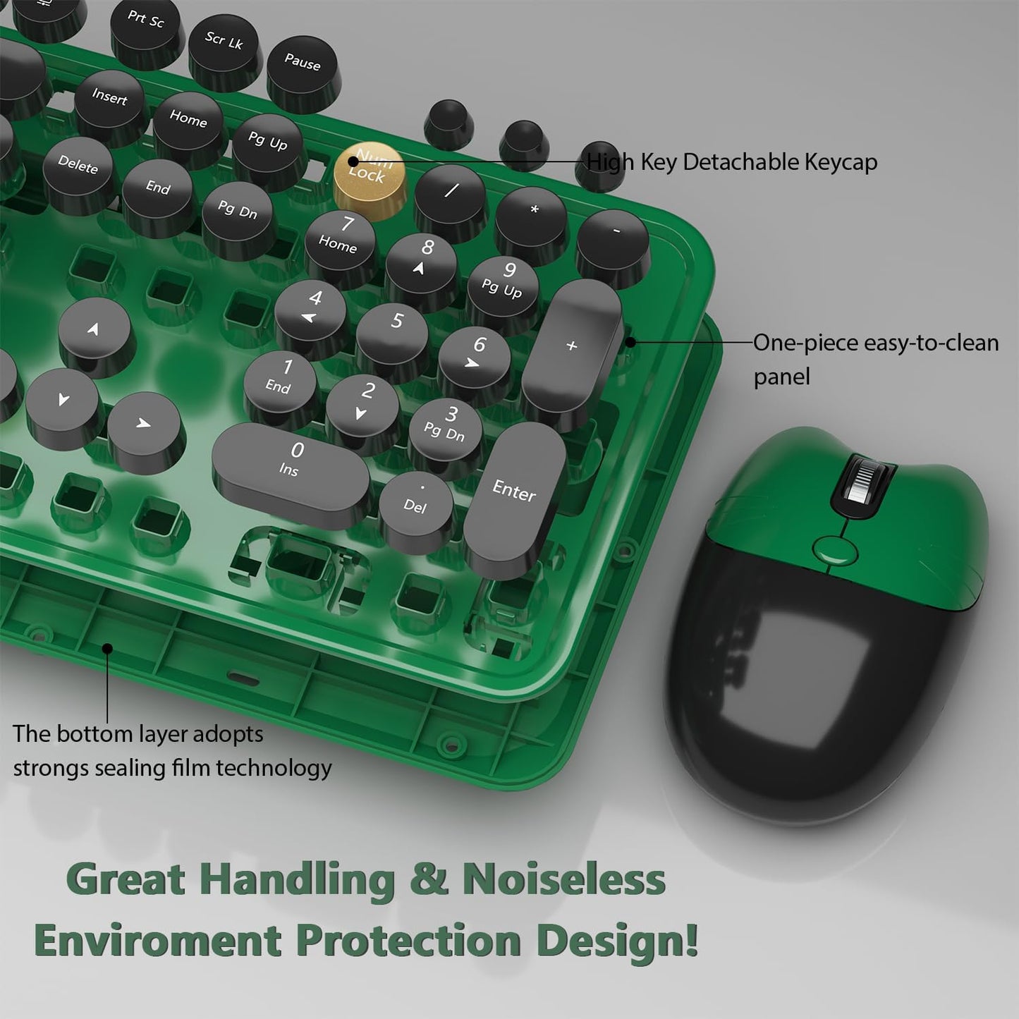 Wireless Keyboard,KOOTOP Cute Colorful 104 Keys Typewriter Retro Round Keycaps Keyboard for PC Laptop,Desktop,Windows, Home and Office Keyboards (Black Green)