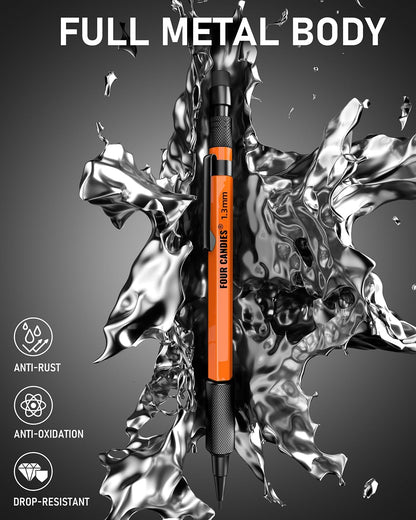 Four Candies 3PCS 1.3mm Mechanical Pencil Set with Case, Metal Heavy Duty Carpenter Pencils with 72 Refill(Red,Black,Yellow) 3Eraser, 16Eraser Refill, Weatherproof Body Outdoor Woodworking Marking