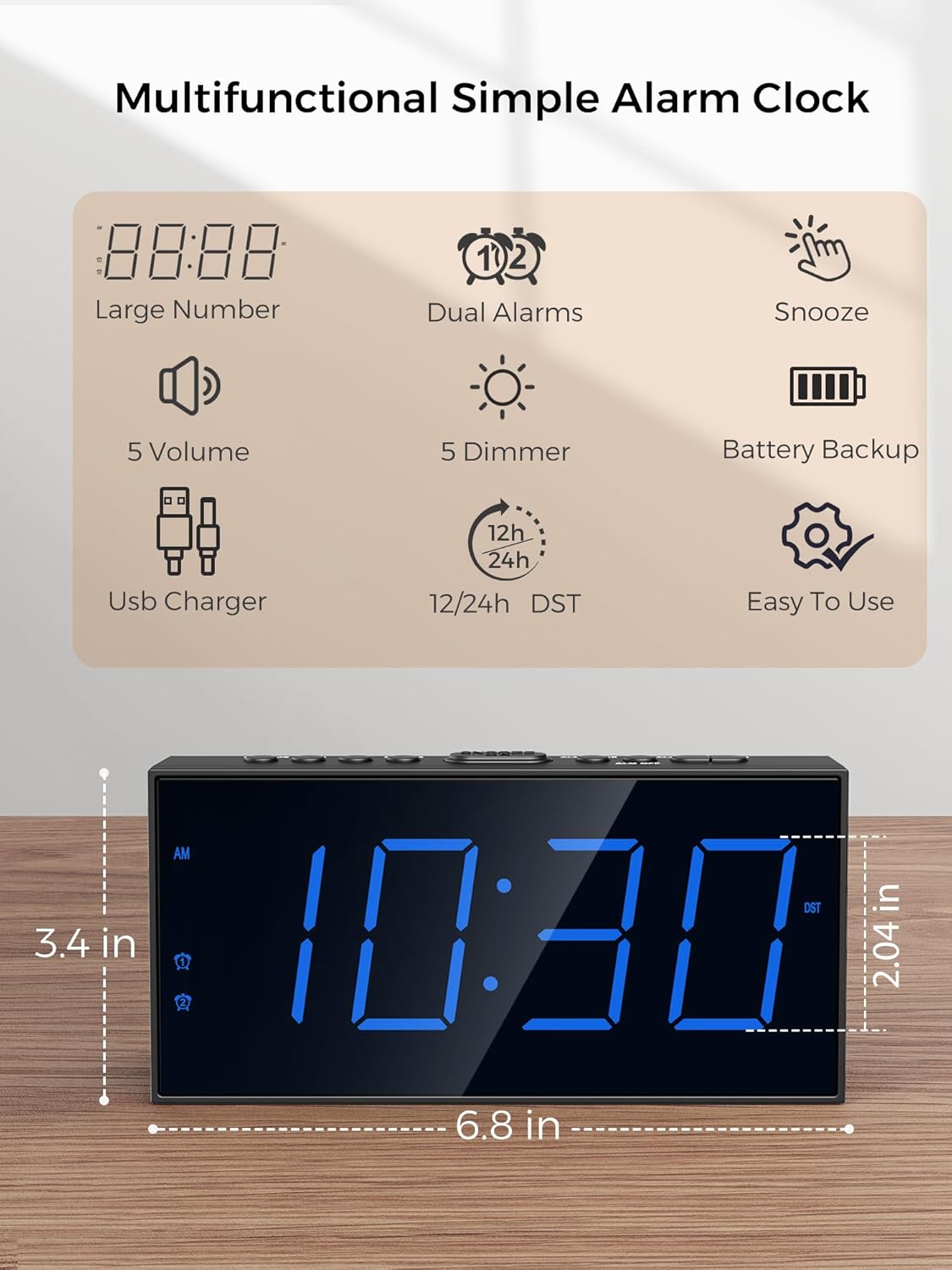 Digital Dual Alarm Clock for Bedroom, Large Display Bedside with Battery Backup, USB Phone Charger, Volume, Dimmer, Easy to Set Loud LED Heavy Sleepers Kid Senior Teen Boy Girl Kitchen