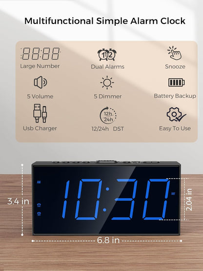 Digital Dual Alarm Clock for Bedroom, Large Display Bedside with Battery Backup, USB Phone Charger, Volume, Dimmer, Easy to Set Loud LED Heavy Sleepers Kid Senior Teen Boy Girl Kitchen