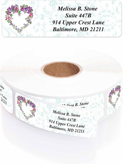 Floral Heart Wreath Rolled Address Labels with Elegant Plastic Dispenser