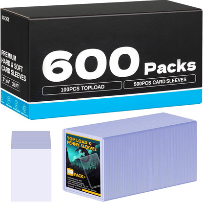 600 Card Sleeves Top Loaders for Cards, Sooez Premium 35PT 3"X4" Baseball Card Protectors Hard Plastic Top loaders, Card Holder, Trading Sports Football Game Cards(100 Toploaders + 500 Penny Sleeves)