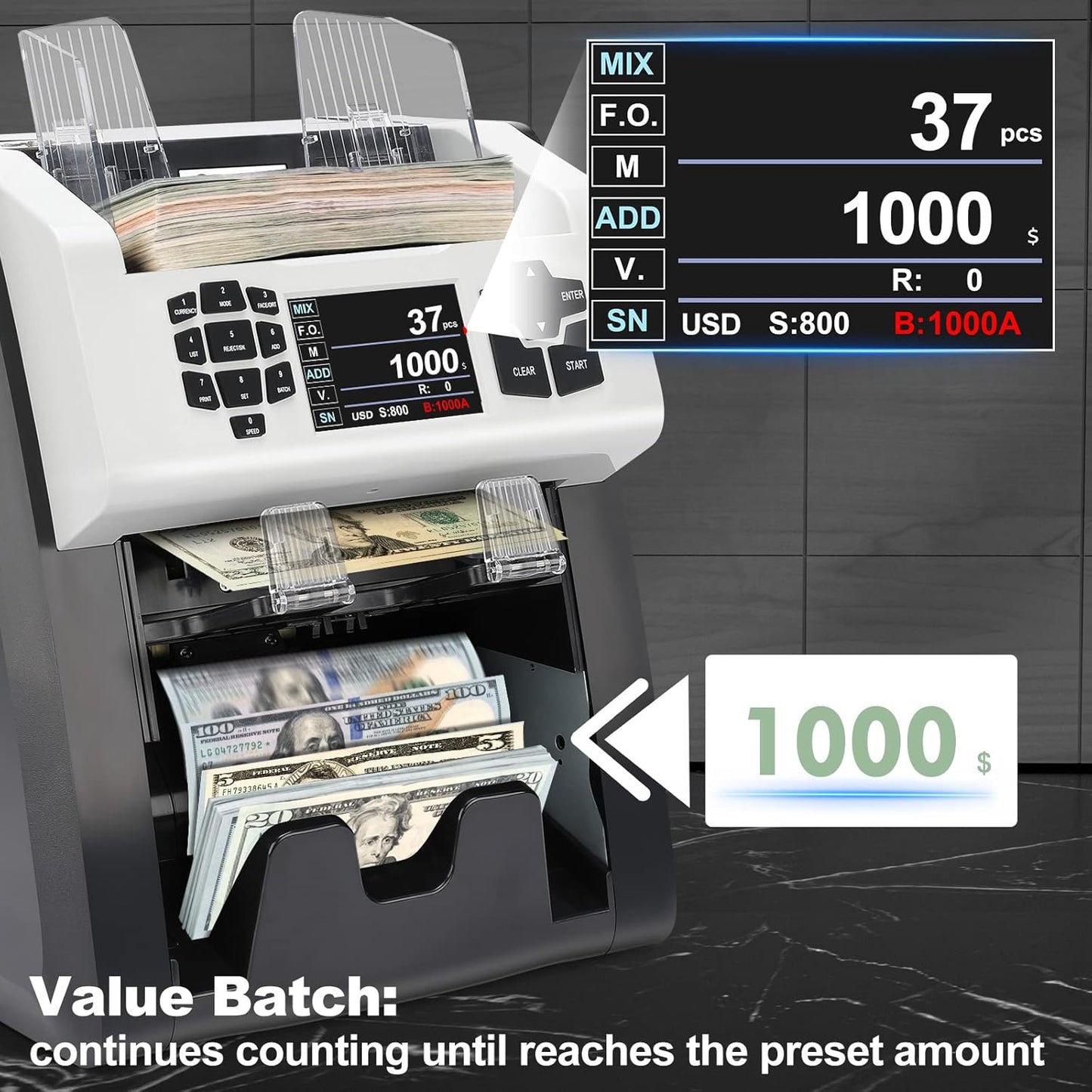 S75 Bill Counter and Sorter, Money Counter Machine Mixed Denomination, Two Pockets Cash Value Counter, Counterfeit Detection 2 CIS/UV/MG/IR, Serial Number, Multi Currency,2Yr Warranty