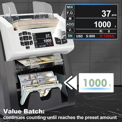 S75 Bill Counter and Sorter, Money Counter Machine Mixed Denomination, Two Pockets Cash Value Counter, Counterfeit Detection 2 CIS/UV/MG/IR, Serial Number, Multi Currency,2Yr Warranty