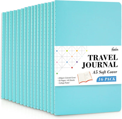 feela 16 Pack Soft Cover Journal Bulk, Lined Notebooks College Ruled for Work for Women Girl Writing, Blank Travel Journal Note Taking Notebook School Business Supplies, 8.2” x 5.5”, A5, Light Blue