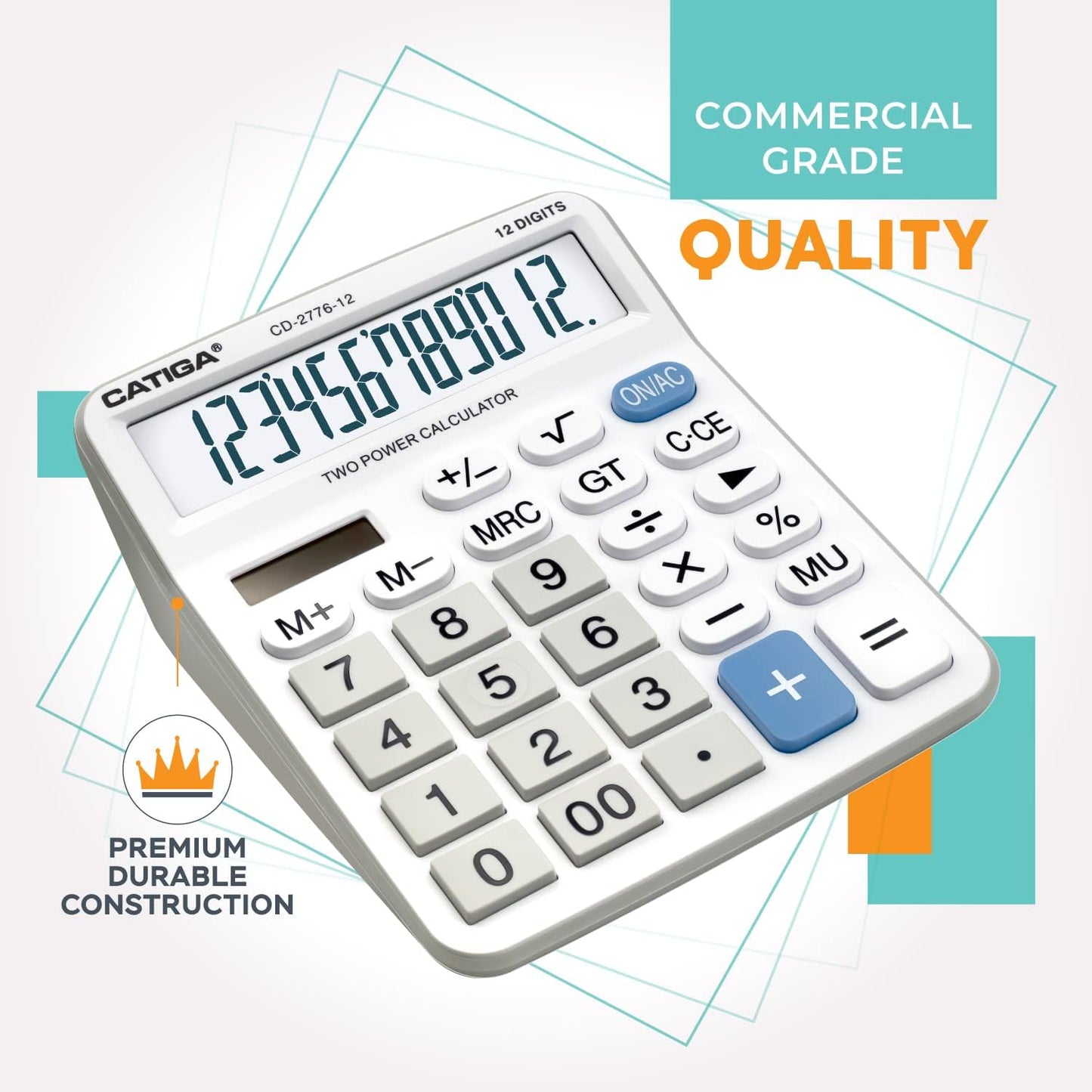 Premium Commercial 12-Digit Large Desktop Calculator with Huge 5-Inch LCD Display Screen, Giant Responsive Buttons, Battery and Solar Powered, Perfect for Home/Office Accounting Finance Use, CD-2776