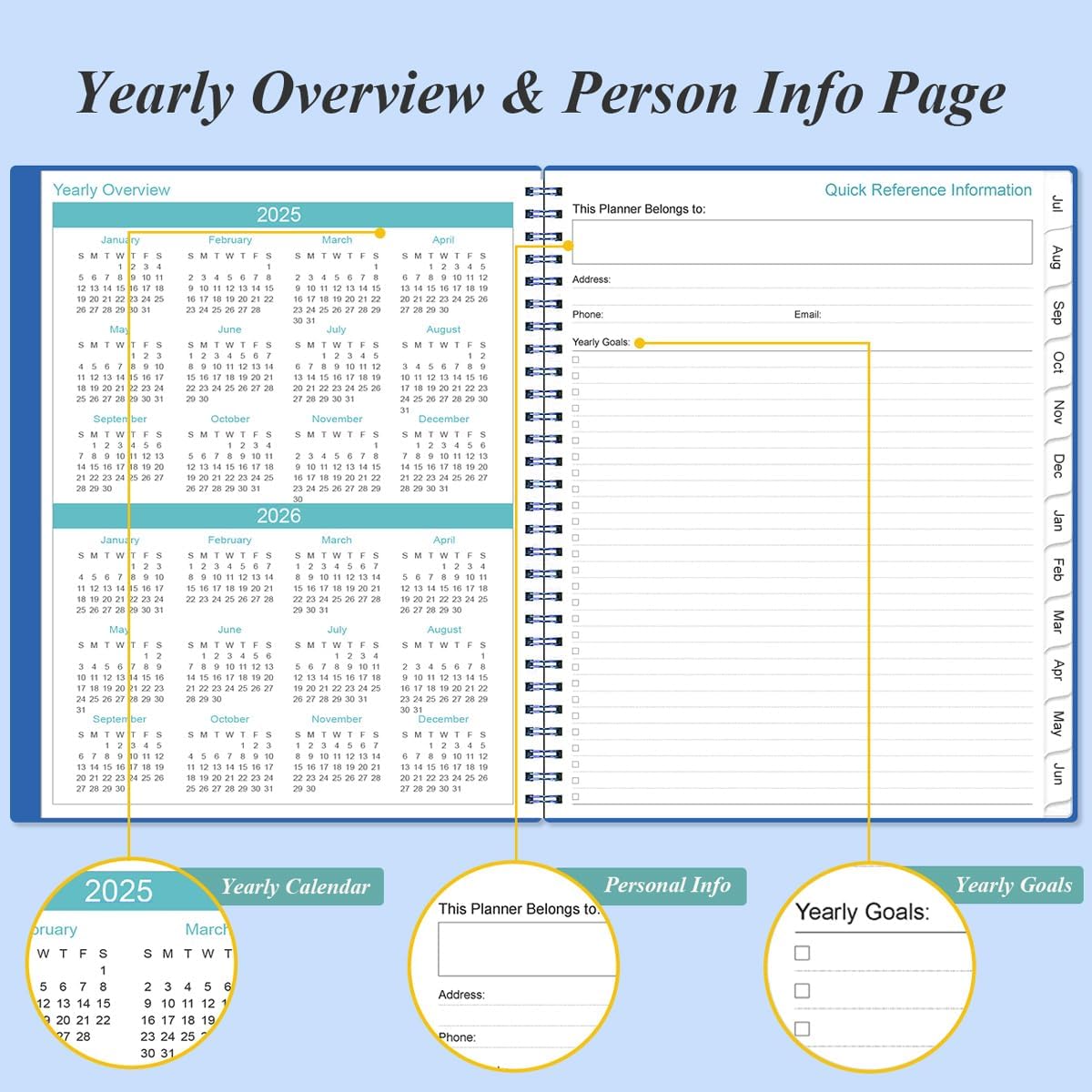 2025-2026 Planner - Academic Planner 2025-2026 from July 2025 to June 2026 with 12 Monthly Tabs, Flexible Cover, Inner Pocket, 8.5" x 11", Blue