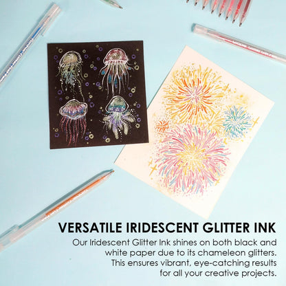 Grabie 42 Glitter Gel Pen Set, 18 Iridescent&24 Essential Color Pens, Smooth Rollerball Tip, Metallic Sparkly Gel Pens for Coloring (42 Colors Capped Glitter Gel Pens)