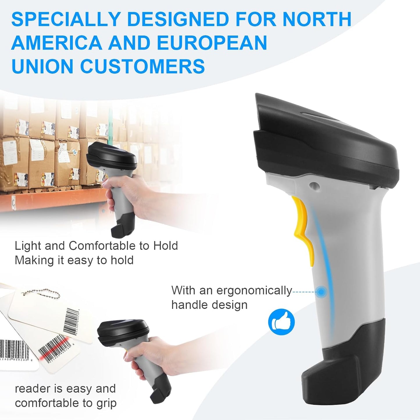 Barcode Scanner Wireless, Onewscan 1D Barcode Reader with Stand, 2.4G Wireless & USB Wired Connection Plug and Play Handheld Bar Code Scanners