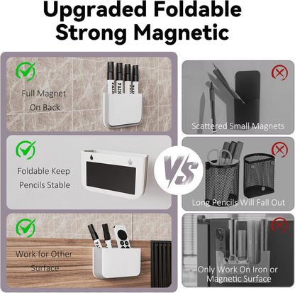 Magnetic Foldable Pen Holder, Magnetic Dry Erase Marker Pencil Holder, Strong Magnet Remote Holder Storage Organizer for Office, Whiteboard, Locker, Home Refrigerator, Desk Accessories(1 Pack White)