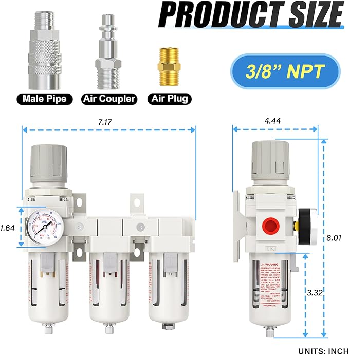 3/8" NPT 3 Stage Aluminium Air Drying System with 150PSI Gauge, Coalescing Filter, Particulate Filter, Desiccant Dryer and Air Regulator, Manual Drain For Plasma Cutter and Paint Spray