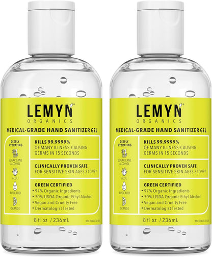 Medical Grade Hand Sanitizer Gel - 97% ORGANIC - 8 FL.OZ. Flip-Top (PACK OF 2)