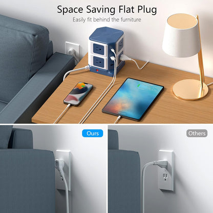 Power Strip Tower with PD20W USB C, BESTEK 8-Outlet and USB Charging Ports 2100 Joules Surge Protector, 5 Feet Extension Cord Flat Plug, ETL Listed