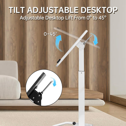 Mobile Standing Desk with 45° Tilting Desktop, Portable Rolling Standing, Height Adjustable Sit Stand Foldable with Wheels, Mobile Desk Workstation for Home Office (White, Large)