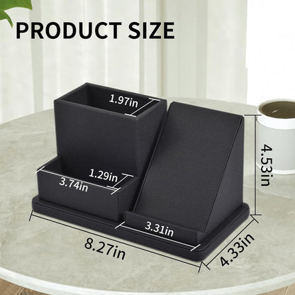 Pu Leather Desk Pen/Pencil Organizer Multi-Function Cell Phone/Remote Control Storage Box with 3 Compartments Office Supplies Sticky Note Tray Business Cards Holder,Black