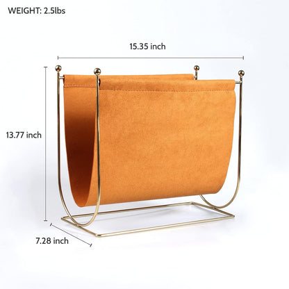 Plated Metal Wire and Suede Leather Magazine Holder Rack, Standing Rack for Magazines, Books, Newspapers, Home Staging Decoration