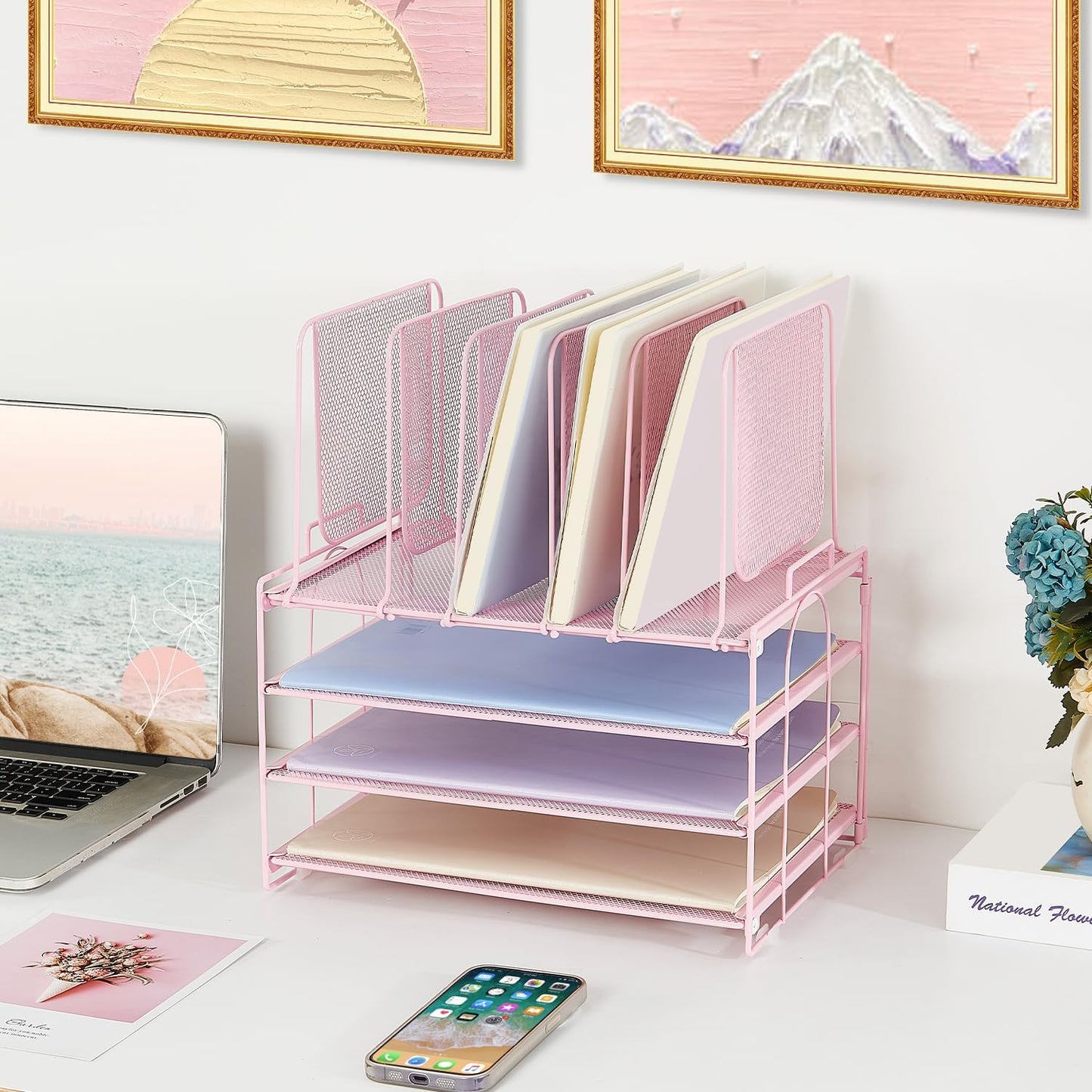 Paper Desk Organizer, 3-Tier Letter Tray with 5 Vertical File Holders, Multifunction Desktop Folder Organizers and Accessories for Home Office(Pink), LK-3CB