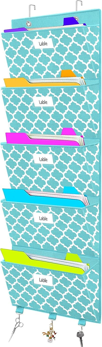 Over the Door File Organizer, Hanging File Folders, Wall Organizers and Storage for Mail, Magazine, Notebooks, Planners, Office, Classroom, 5 Extra Large Pockets, 50.39” Tall (Blue Lantern Pattern)