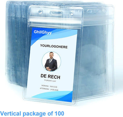 100 Pack Extra Thick Name Badge Holders, Heavy Duty & Sealable Waterproof Vertical ID Badge Holders, Durable Clear PVC Plastic Badge Sleeve for Credit Card/Shcool Work Badge/Room Key/RFID