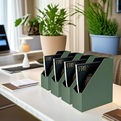 UnionBasic Magazine File Holder, Leatherette Desktop Document Organizer, Home Office Paper Holder File Storage Literature Sorter, Malachite Green, Set of 4
