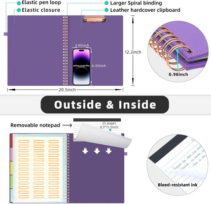 Ospelelf Leather Spiral Clipboard Folder with Storage Zipper Pouch, Foldable Clipboard Folio with Notepad for Letter Size, 5 Folders with 10 Pockets, 39 Divider Label Stickers (Purple)