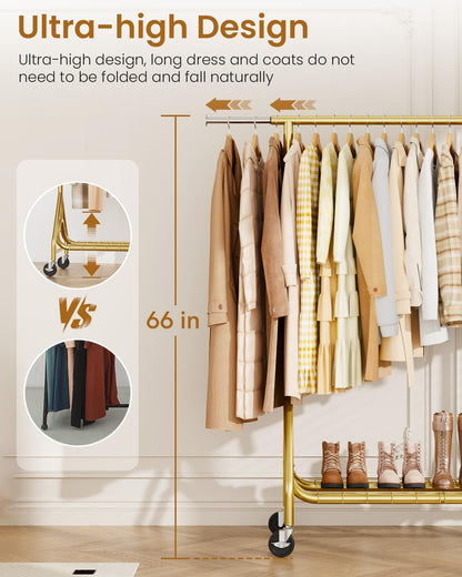 Heavy Duty Clothes Rack, Metal Clothing Rack Load 450 LBS, Rolling Coat Racks for Hanging Clothes with Lockable Wheels, Wardrobe Closet Garment Racks for Bedroom, Gold