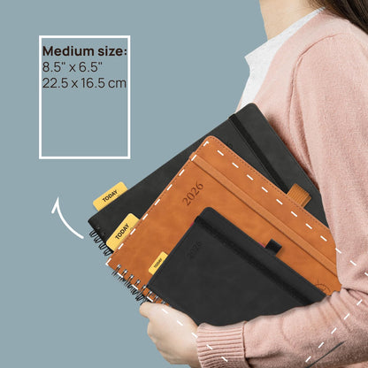 POPRUN 2026 Planner Weekly Notebook (Jan-Dec), Medium 8.5''x 6.5'' - Agenda 2026 Calendar Book with Monthly Tabs, Inner Pocket, Spiral Soft Cover, 100 GSM - Cerulean Blue