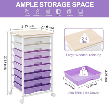 Rolling Cart with Drawers,Utility Cart With 8 Drawers and Wooden Tabletop for Living Room,Classroom,Bedroom,Bathroom,Dorm,Office,Purple