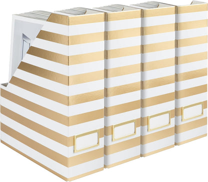 BLU MONACO Set of 4 Gold & White Striped Magazine File Boxes with Gold Label Holders – Stylish File Organizer Box for Desk, Office Supplies, File Folder Holder, and Book Organizer