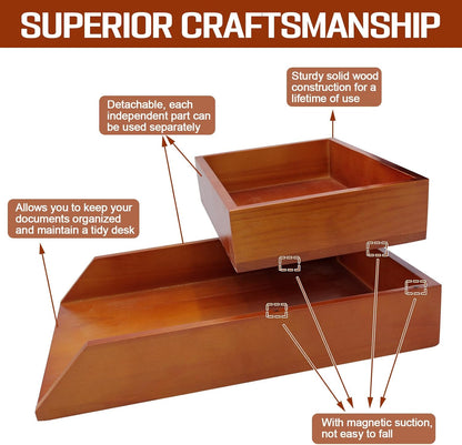 Desk Organizer Letter Tray Set of 2, Magnetic Wooden Tabletop Desktop for Storage Paper Letter Folders Notebooks Copy Print, Workspace Holder, Office Supplies, Keep Stationery Saver-Brown