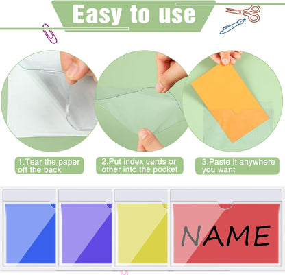 Outus 500 Pack Self Adhesive Index Card Holder Clear Plastic Label Pockets with Top Open for Loading Sticky Business Card Sleeves for Storage Bins Library Organizing Photo Protecting(5.3 x 3.7 Inch)