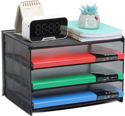 Samstar 2 Pack Paper Letter Tray, 3-Tier Desk File Organizer Paper Sorter Letter Shelf Rack, Mesh Made,Black