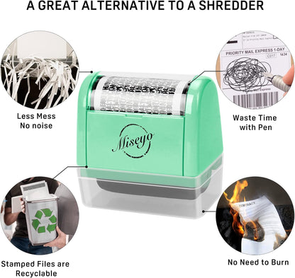 Miseyo Wide Identity Theft Protection Roller Stamp Set - Mint Green (3 Refill Ink Included)