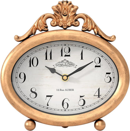 Vintage Table Clock, Desk and Shelf Decor Clock, French Rustic Antique Style Gold Mantel Clocks, for Farmhouse, Living Room, Bedroom, Bedside, Gift (7.87" H x 7.87" W)