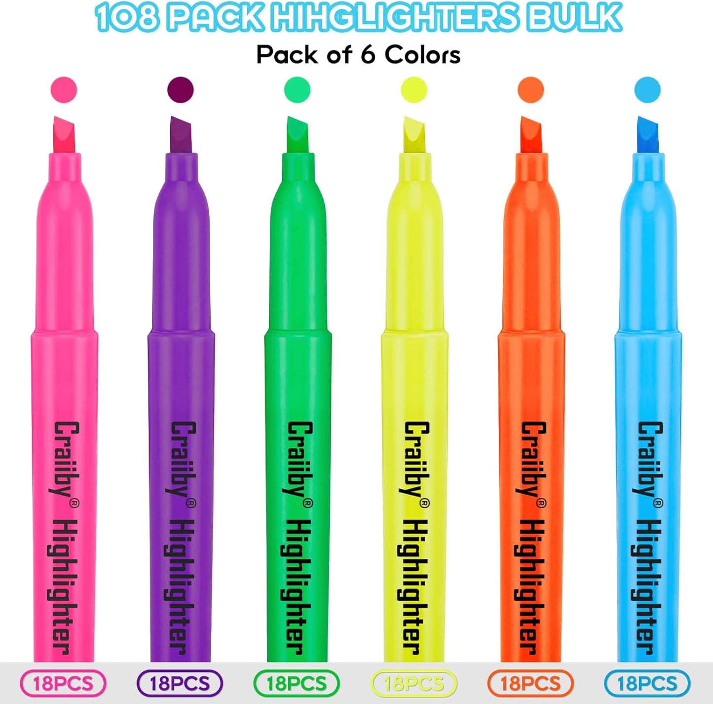 Highlighters, Chisel Tip, No Bleed, Assorted Colors, Dry-Quickly, 108 Count Bulk Pack