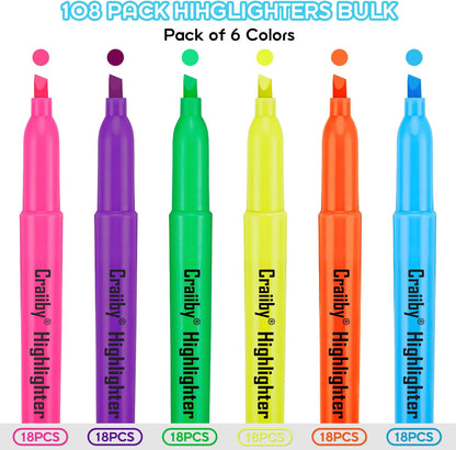 Highlighters, Chisel Tip, No Bleed, Assorted Colors, Dry-Quickly, 108 Count Bulk Pack