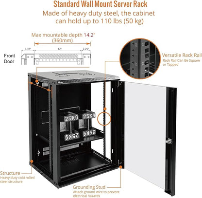 Tecmojo 15U Wall Mount Rack Network Cabinet for 19" IT Equipment,with Lockable Glass Door and Side Panels,Cooling Fan,17.7inch Depth,Black (15U)